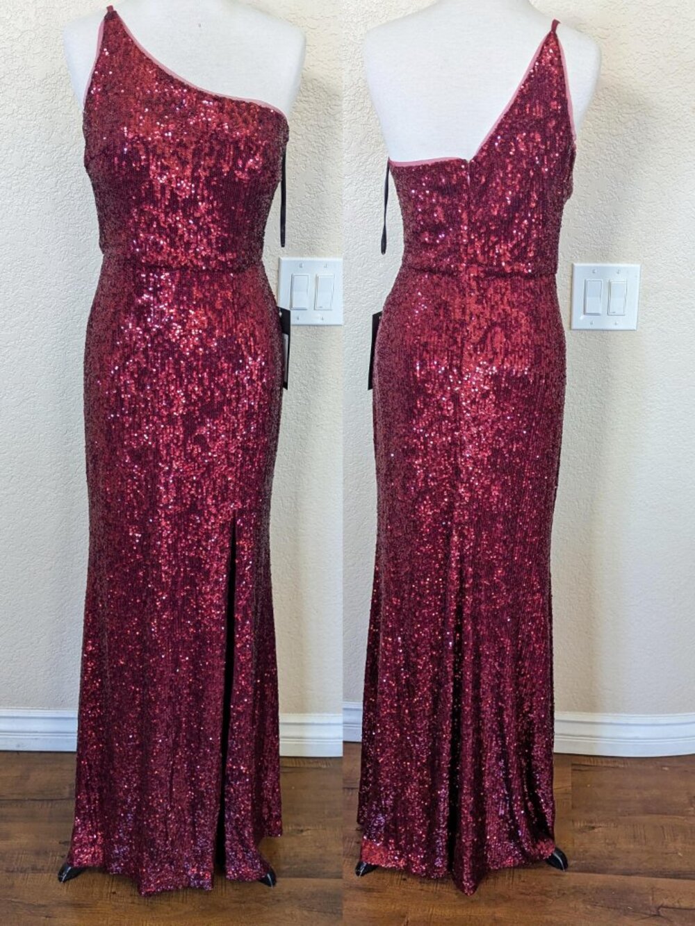 Burgundy Red Sequin One Shoulder Formal Prom Evening Dress 6